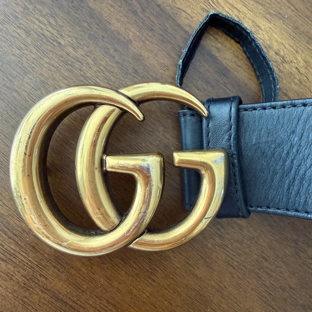 Gucci Marmont Wide Black Leather Belt with Double G Gold Buckle - Picture 2 of 5
